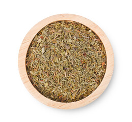 dried Thyme in wood bowl on white background top view