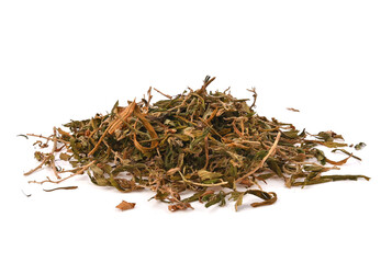 Cannabis Tea, Hemp Tea, Hemp leaf on white background.