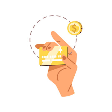 Bank credit card and cash, coin. Money cashback, financial bonus concept. Hand holds electronic finance, getting reward, financial return, refund. Flat vector illustration isolated on white background