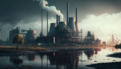 Industrial landscape with power plant and smoking chimneys. Generative AI
