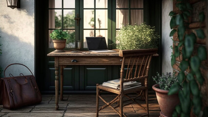 Fototapeta premium A home office with a garden indoors with a laptop on a rustic table, surrounded by greenery, fresh air, generative ai