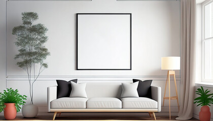 Fototapeta na wymiar Frame mockup in a modern living room. Wall art framed canvas poster mockup. Interior design for living room. Generative AI