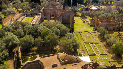 Aerial view of the Nymphaeum in Hadrian's Villa at Tivoli, near Rome, Italy. Villa Adriana is a...