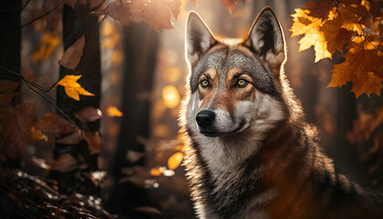 Wolf portrait in autumn, Generative AI