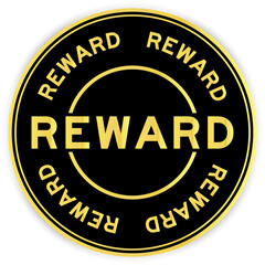 Black and gold color round label sticker with word reward on white background