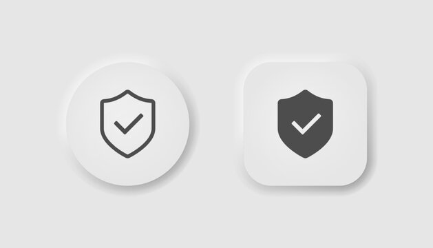 Shiled with tick icon in neumorphism style. Icons for business, white user interface. UI, UX. Protect symbol. Safety, check mark, defence, privacy. Neomorphic style. Vector illustration.