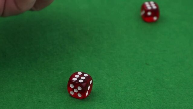 The croupier takes the playing dice from the green cloth, gambling, slow motion