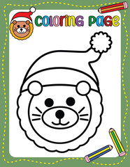 Christmas Lion Cartoon. Christmas coloring page for kids. Activity Book.
