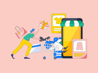 Festive Shopping E-Commerce Online Shopping People Flat Vector Concept Operation Hand Drawn Illustration
