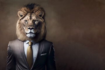 Generative AI illustration of a Generative AI illustration of a portrait of A lion wearing a suit with a serious expression, copy space to the right