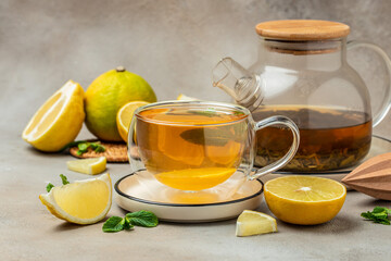 Bergamot tea drink and fresh bergamot, Clean eating, dieting, vegan food concept. top view