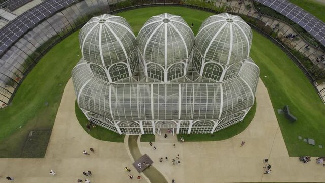 Aerial view of the Greenhouse at the Botanical Garden of Curitiba, Paraná, Brazil. 4K