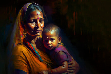 AI illustration of a older Indian woman holding a small beautiful child 