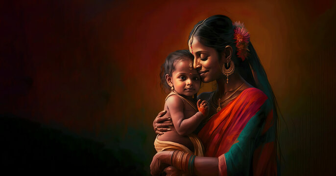 Happy Indian mother holding her child in arms. AI illustration