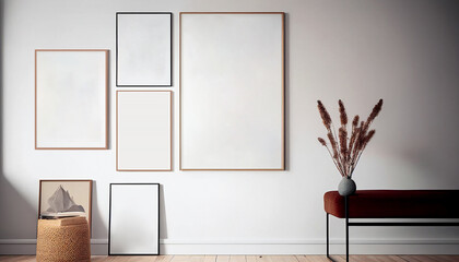 Composition of empty frame on wall in room, mokup, AI generated