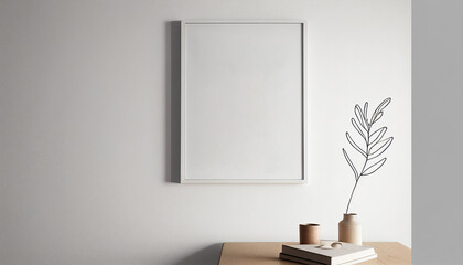 Composition with empty frame on wall, mokup, AI generated