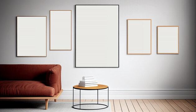 Composition of empty frame on wall in room, mokup, AI generated