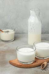 lactose yogurt. Probiotic cold fermented dairy drink. vertical image. top view. place for text