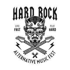 Hard rock vector emblem, label, badge or logo with devil in sunglasses that reflect flame and crossed broken guitar necks. Monochrome illustration in vintage style isolated on white background