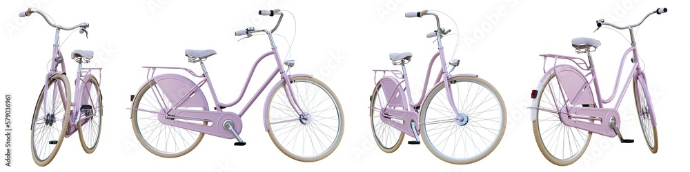 Aufkleber dutch pink bicycle from different views. png isolated on transparent background. 3d render.