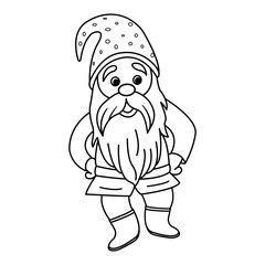 Funny Cartoon Dwarf with a Gray Beard for Coloring. Vector Illustration of a Gnome in a Red Hat