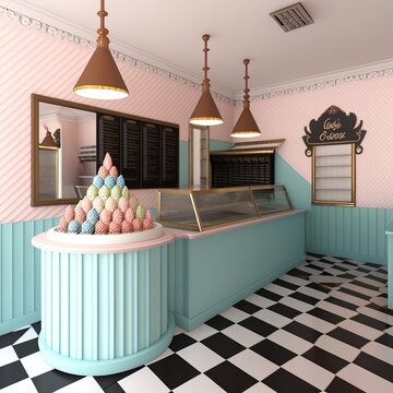 professional real ice cream shop, interior modern pink wall checkered floor blue design stylish 
decorative elements wall pictures sweet dessert fineness summer in hot weather licking  Generative AI