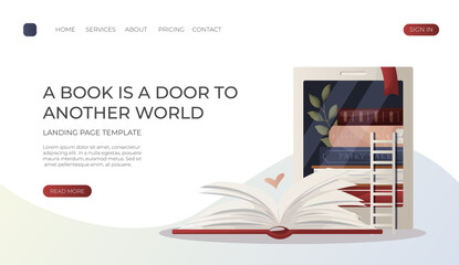 Landing page with reading open huge book with heart, electronic ebook reader. Tablet digital literature. Bookstore, bookshop, library, book lover, bibliophile, education. Vector for banner, website