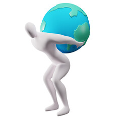 3d illustration of a stickman lifting the earth on his back.
