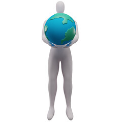 3d illustration of stickman holding earth in front of chest with both hands.