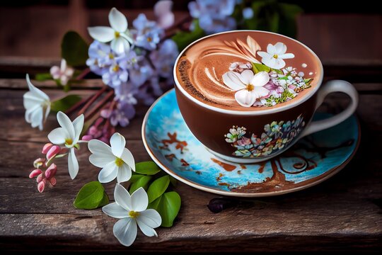 Beautiful Cappuccino On A Wooden Table With Spring Flowers. Generative AI
