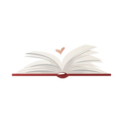 Open huge book with heart. Fantasy, imagination, education book. Bookstore, bookshop, library, book lover, bibliophile, education. Textbook for reading. Vector illustration for poster, banner, website