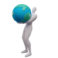 3d illustration of stickman saving the earth by bringing the earth.