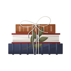 Stack of books with bow. School books pile. Education book heap. Bookstore, bookshop, library, book lover, bibliophile, education. Textbook for reading. Vector illustration for poster, banner, website
