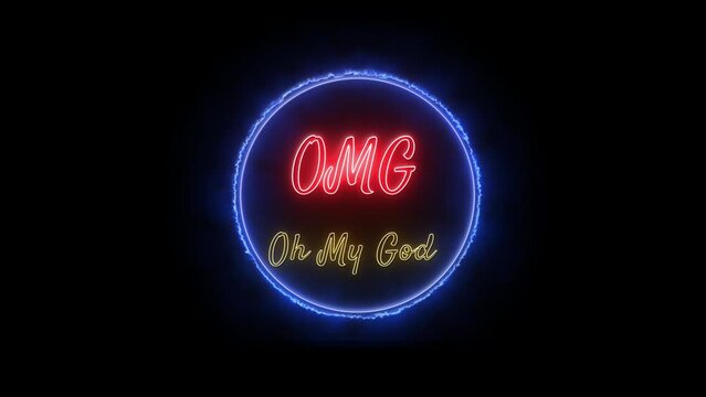 OMG - Oh My God Neon Red-yellow Fluorescent Text Animation blue frame on black background