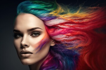 Naklejka premium Beautiful woman with colorful hair and makeup. Beautiful face.GENERATION Ai