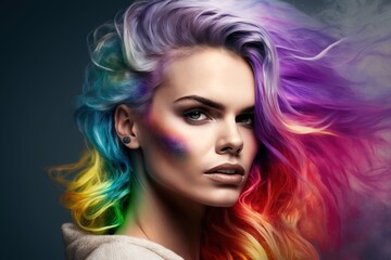 Naklejka premium Beautiful woman with colorful hair and makeup. Beautiful face.GENERATION Ai