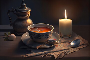 Obraz na płótnie Canvas A Cup Of Food With A Candle In The Middle Of It And A Spoon Next To It On A Table With A Cloth And A Candle In The Background. Generative AI