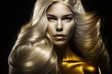 Model girl with golden make-up and long golden hair, on a black background. Golden glowing skin and flowing hair. art portrait, Generative AI