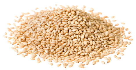 A small heap of roasted white sesame seeds isolated on white background.