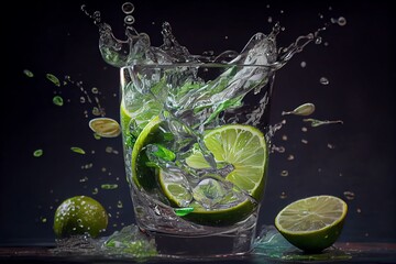 Fototapeta na wymiar A Glass Of Water With Limes And Mints On The Side Of The Glass With Ice And Water Splashing Around It And A Slice Of Lime On The Side. Generative AI