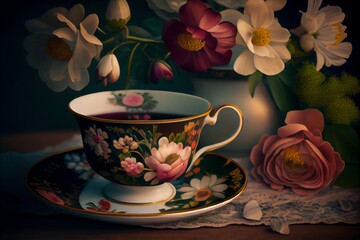 Obraz na płótnie Canvas A Tea Cup And Saucer On A Table With Flowers. Generative AI