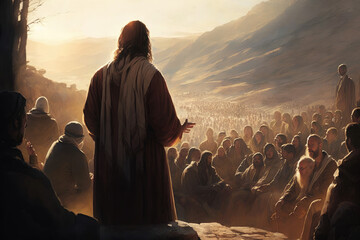 Jesus preaching on the mountain  - obrazy, fototapety, plakaty