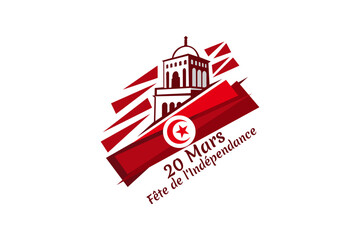 Translation: March 20, Independence Day. Independence Day of Tunisia vector illustration. Suitable for greeting card, poster and banner.