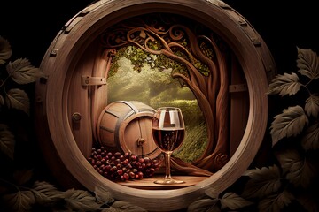 Barrel Of Wine With Wineglass, Winery Concept Background. Generative AI