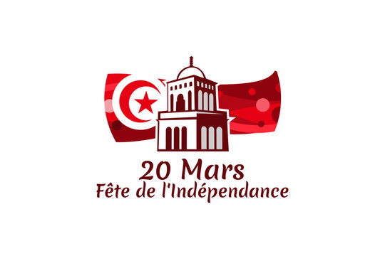 Translation: March 20, Independence Day. Independence Day of Tunisia vector illustration. Suitable for greeting card, poster and banner.