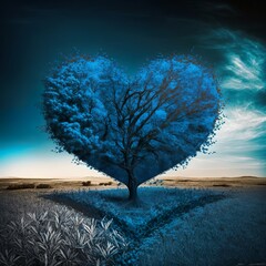 blue heart tree in the field love romantic place beautiful canopy in the middle of nowhere true shaped romance valentine thick stabile trunk spawling special dating rich flowers fantasy Generative AI