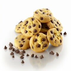 chocolate chip cookies 3 (path included) on white background drips well done crunchy crips dark conception sweet sugar 
on each other beside breakfast Generative AI 