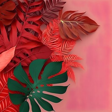 Collection of tropical leaves,foliage plant in red color with space background rain forest jungle background cut on the wall decoration element pattern Generative AI 