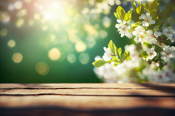 Naklejka na ściany i meble Blossoms On Wooden Table In Green Garden With Defocused Bokeh Lights And Flare Effect, generative, ai, Nature, Outdoors, Spring, Flowers, 