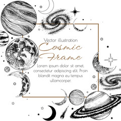 Vector space frame. Moon, planets, comets, stars, galaxies in engraving style © Viktoriia Holovko